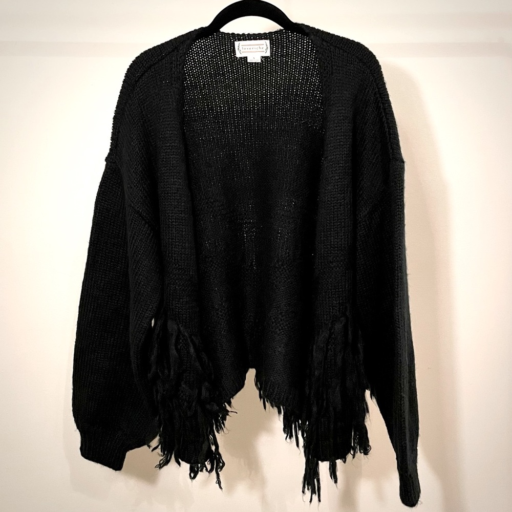 Loveriche Boho Fringe Cardigan, Balloon Sleeves, Black, size S